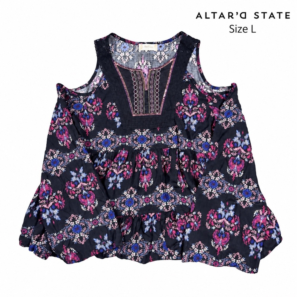 Altard State Floral Damask Cold Shoulder Peplum Top Lace Black Pink Large
